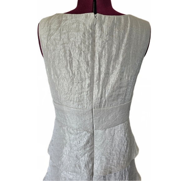 R&M Richards Iridescent Silver Jeweled Beaded Layered V Neck Cocktail Midi Dress - Picture 5 of 16